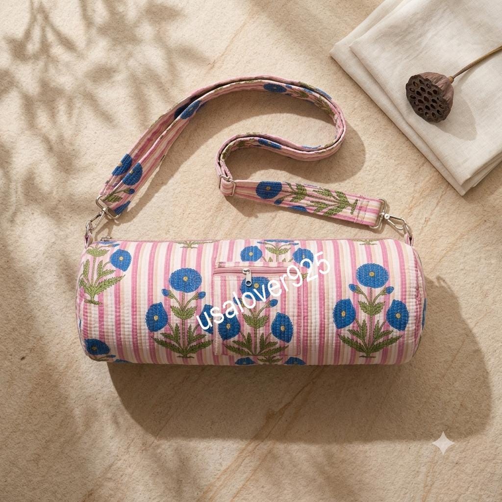 Quilted Cotton Yoga Mat Bag, Pink Stripe Blue Floral Carrier, Crossbody Sling Holder