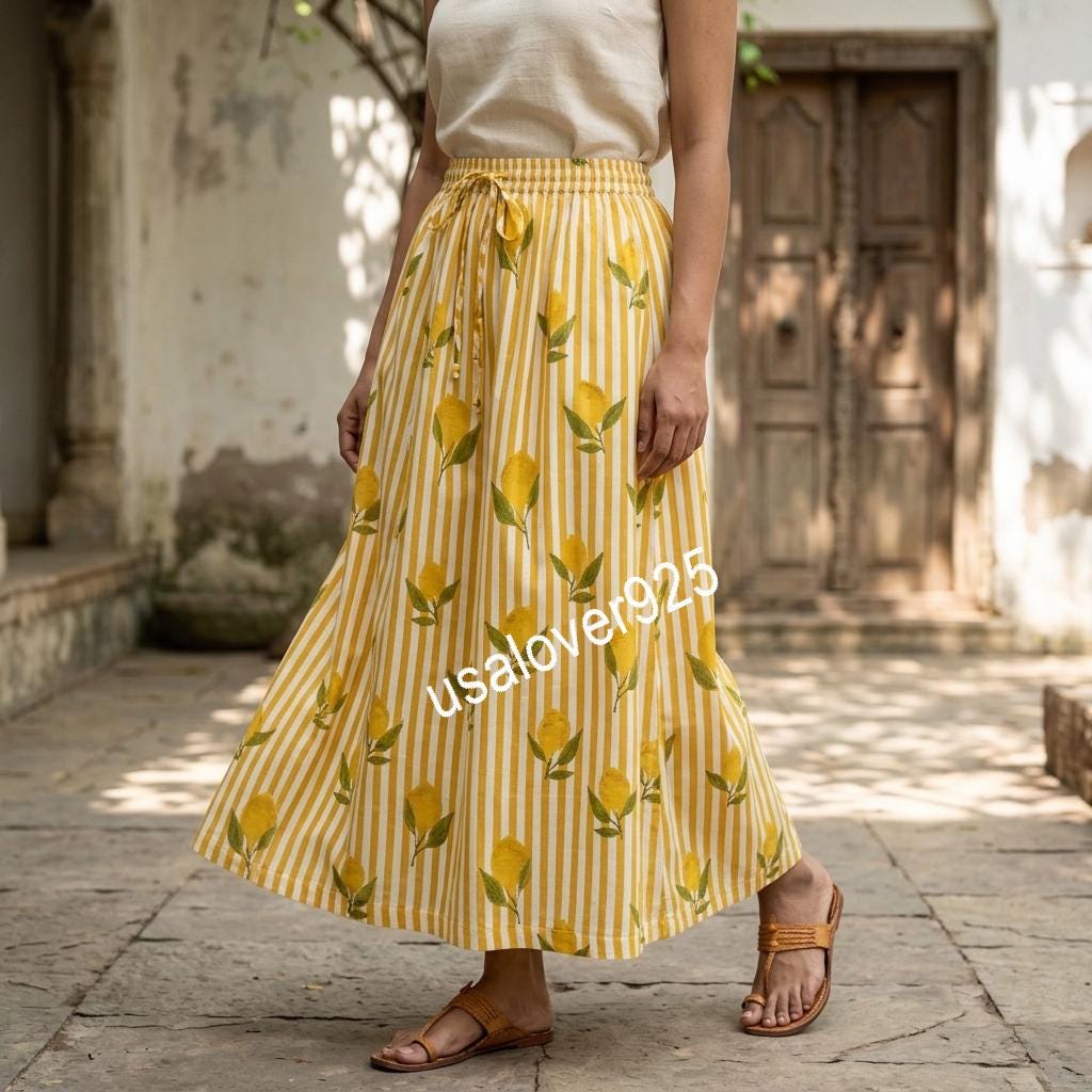 Handmade Cotton Maxi Skirt, Yellow Lemon Stripe Boho, Long Flared Summer Apparel, Elastic Waist