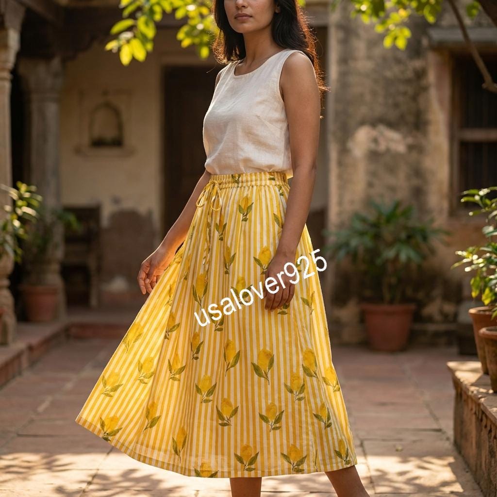 Handmade Cotton Maxi Skirt, Yellow Lemon Stripe Boho, Long Flared Summer Apparel, Elastic Waist