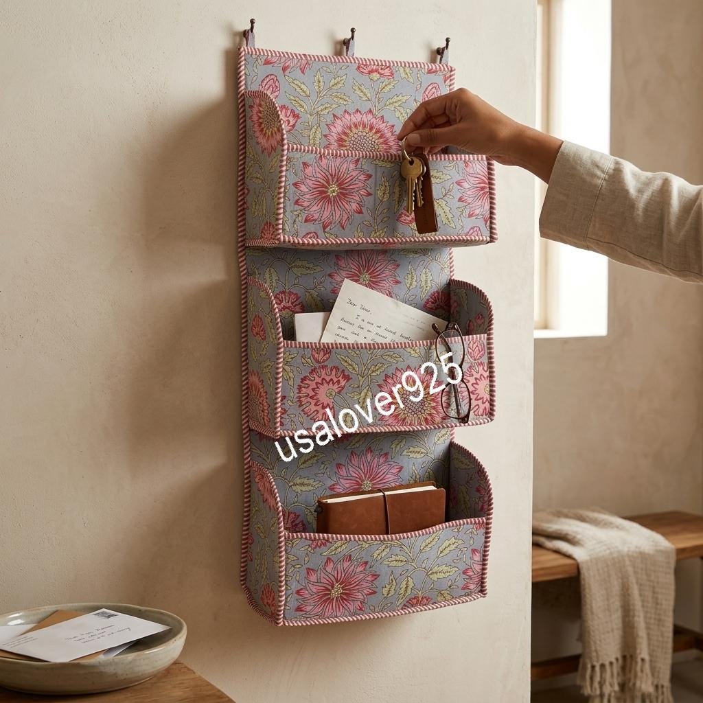 Hand Block Print Cotton Hanging Wall Organizer: Grey Pink Floral 3-Tier Door Pocket Storage