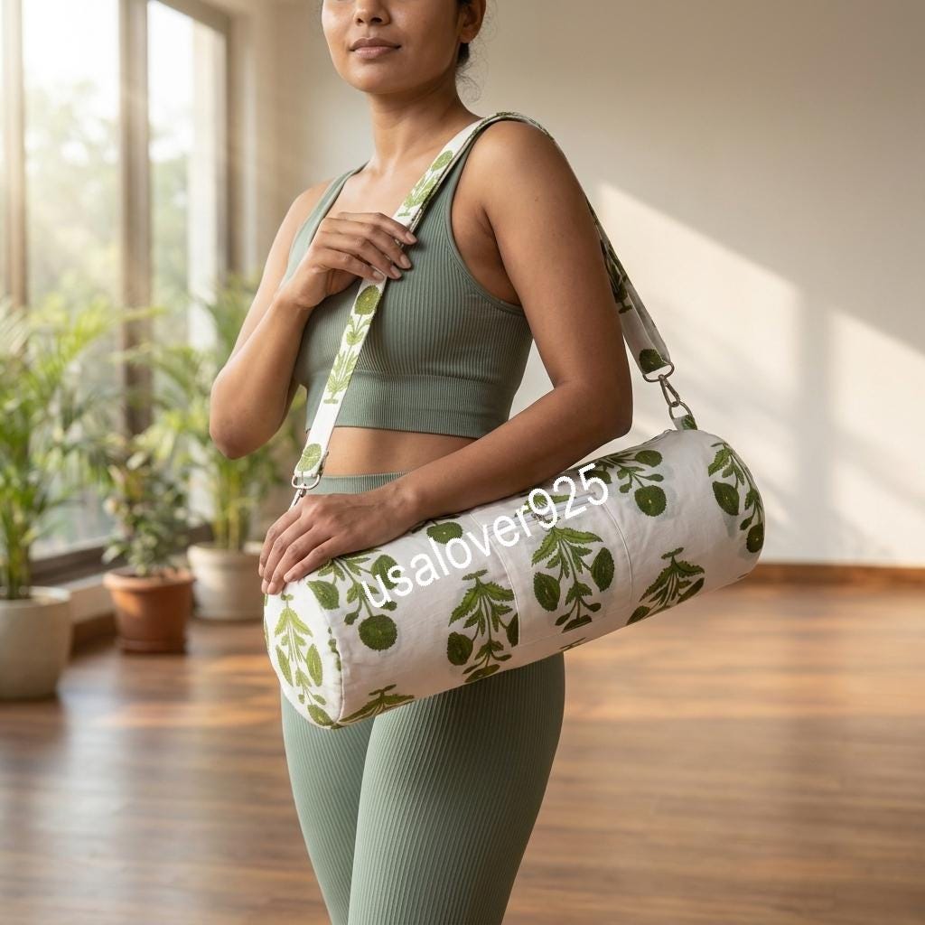 Handmade Quilted Cotton Yoga Mat Bag, White Green Floral Carrier, Crossbody Sling, Travel Holder