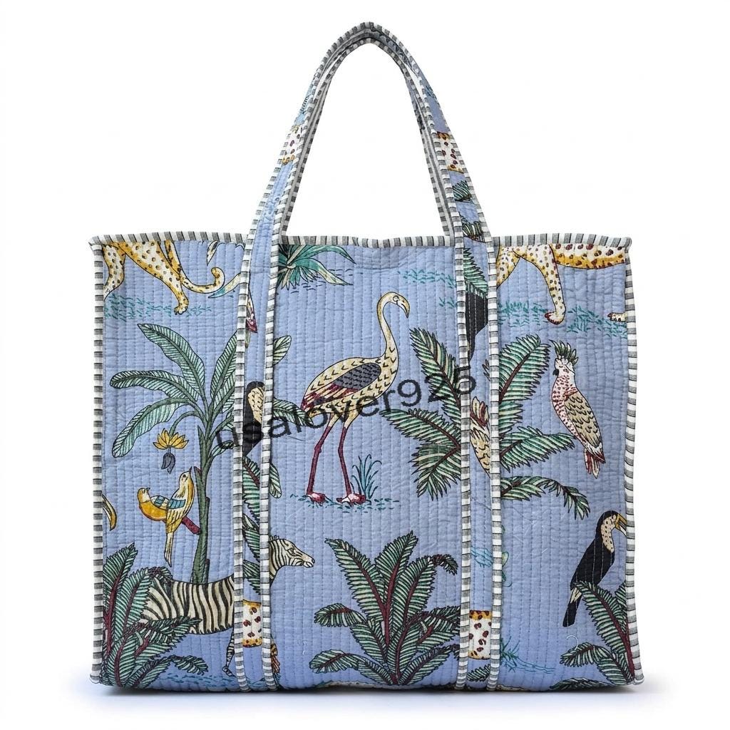 Handmade Quilted Cotton Tote Bag: Blue Safari Animal Print Shoulder Beach Travel Grocery Tote