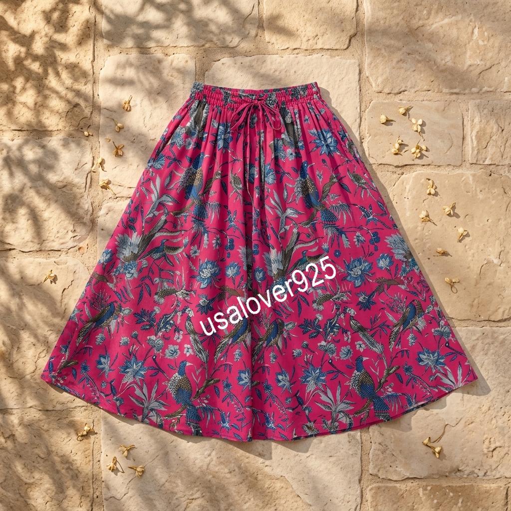 Handblock Printed Cotton Maxi Skirt, Pink Blue Bird Floral, Flared Summer Apparel