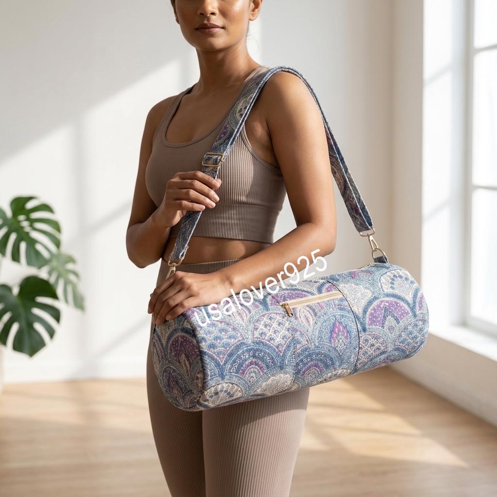 Handmade Quilted Cotton Yoga Mat Bag, Blue Purple Mosaic Carrier, Crossbody Sling Holder