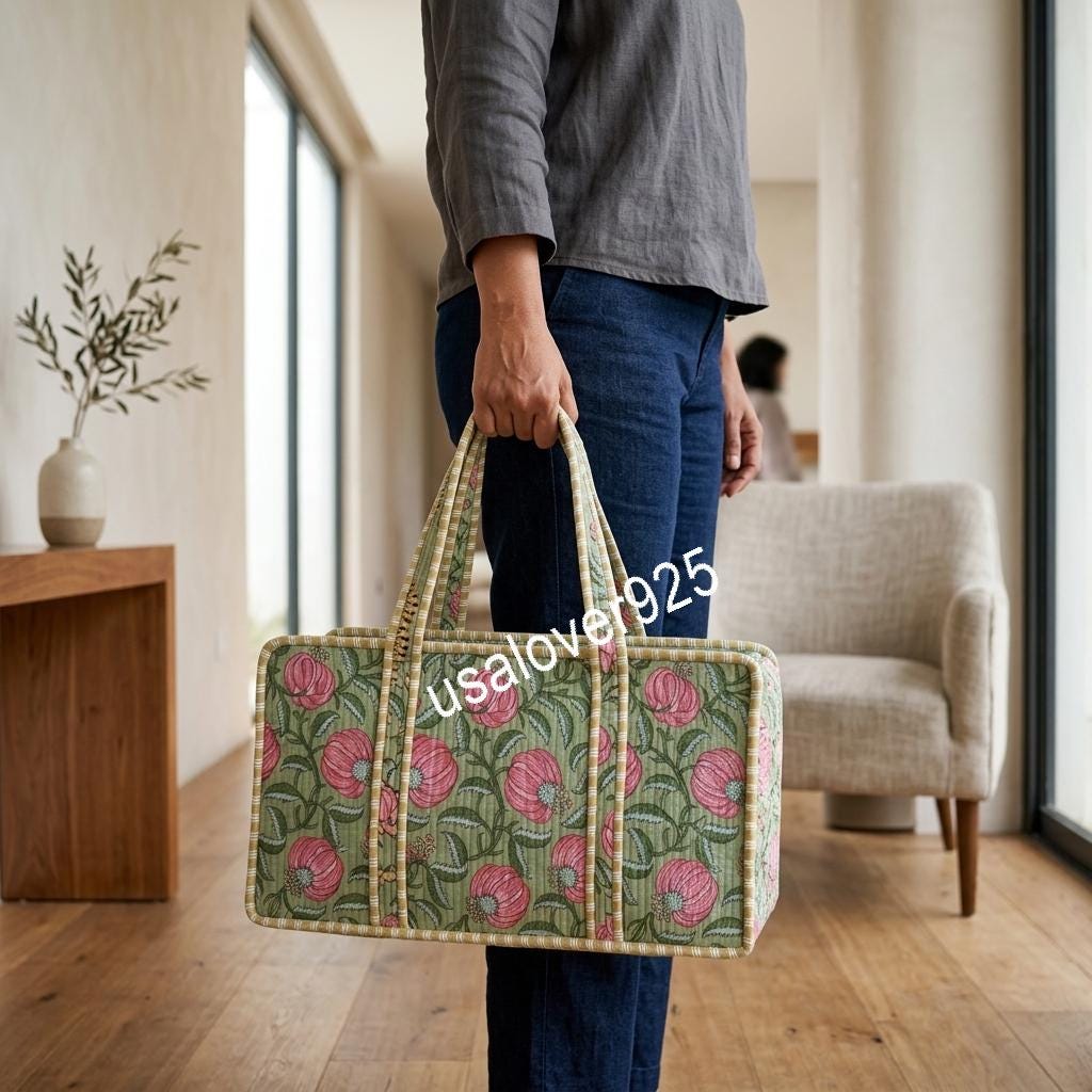 Handmade Quilted Cotton Mahjong Bag, Sage Green Pink Floral Tile Case, Travel Game Organizer