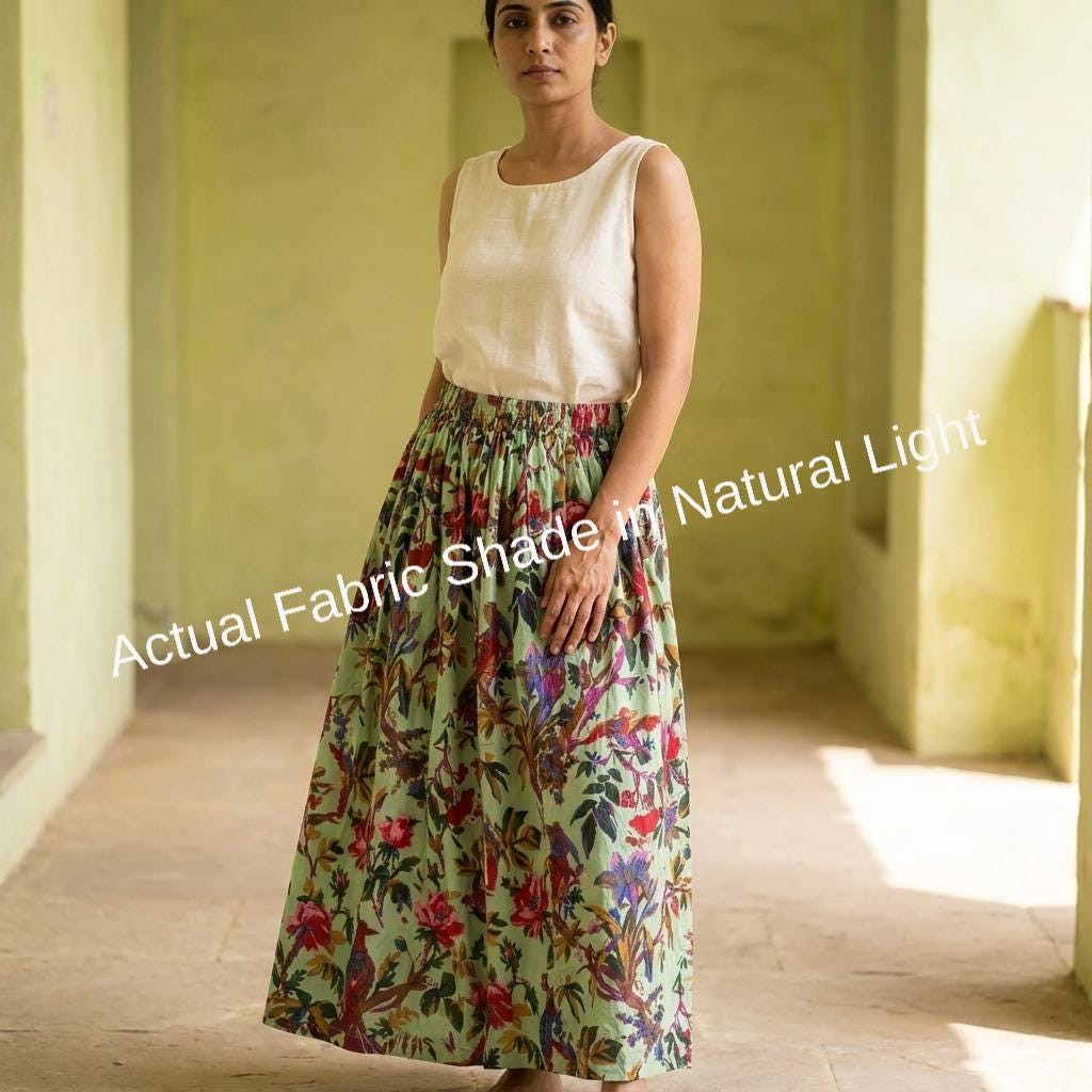 Green Bird Floral Cotton Midi Skirt – Women's Elastic Waist Drawstring Boho Summer Gift