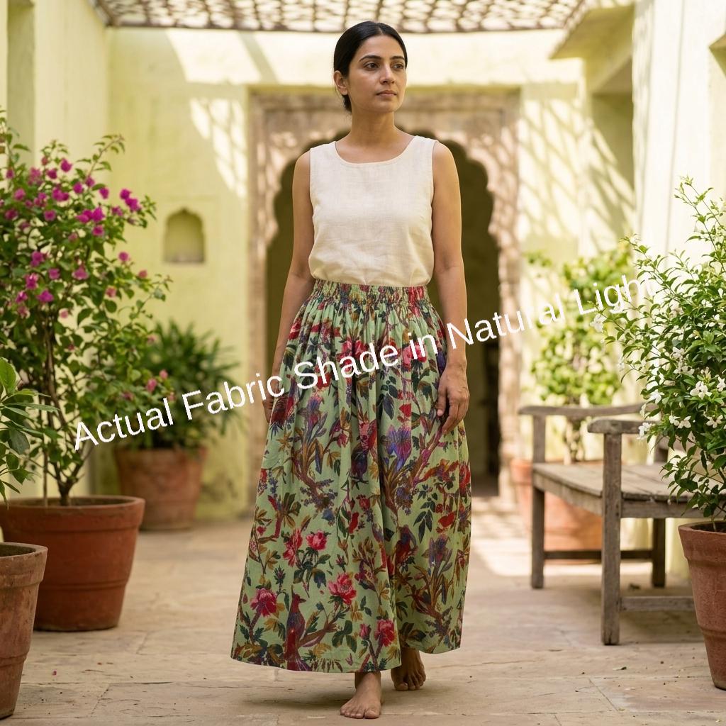 Green Bird Floral Cotton Midi Skirt – Women's Elastic Waist Drawstring Boho Summer Gift
