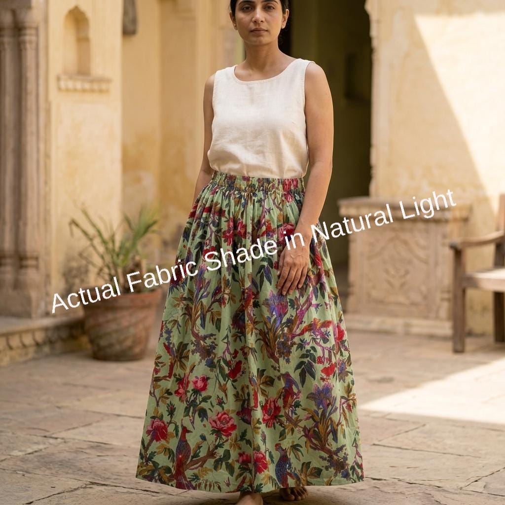Green Bird Floral Cotton Midi Skirt – Women's Elastic Waist Drawstring Boho Summer Gift