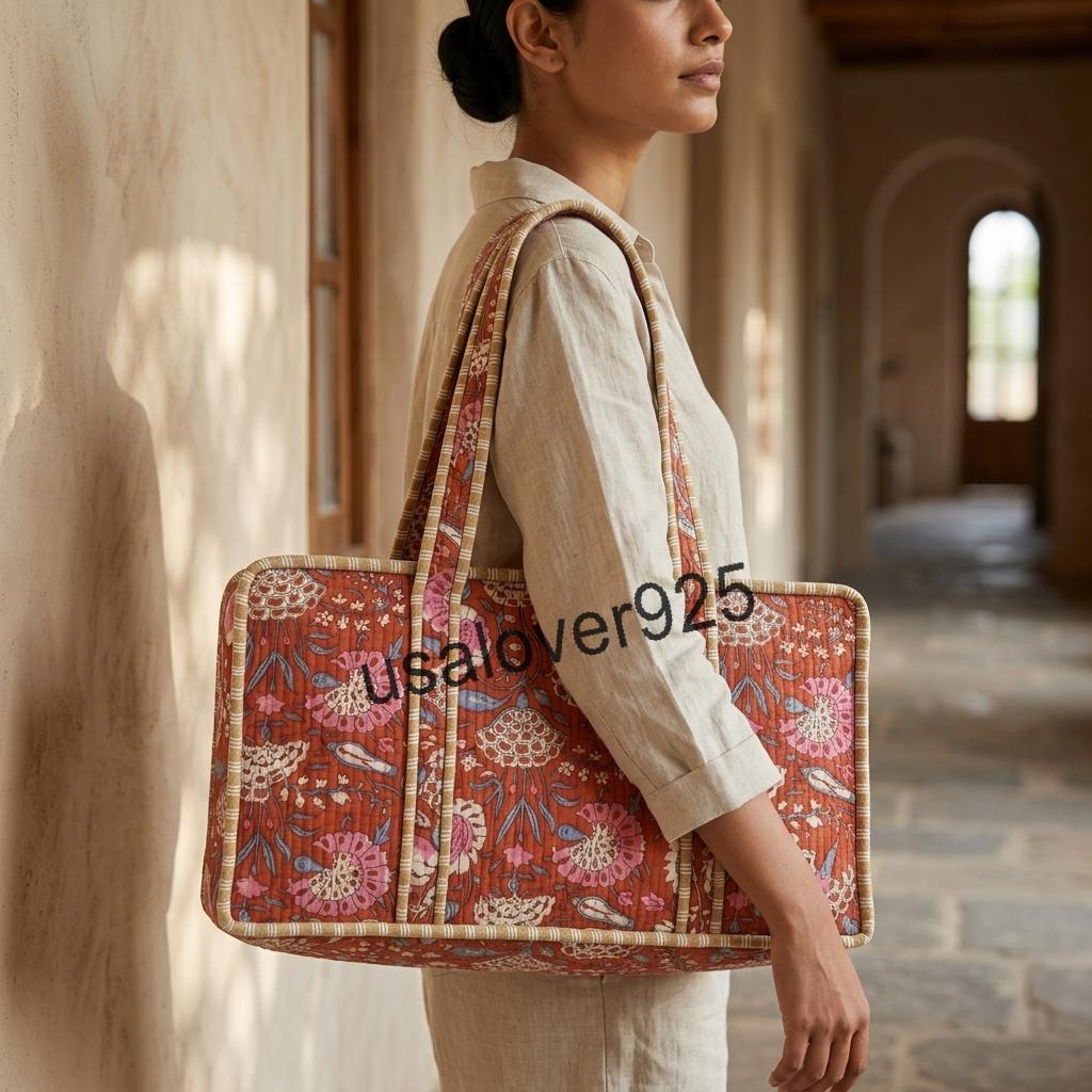 Handmade Quilted Cotton Mahjong Bag – Rust Red Floral Game Tile Storage Travel Tote
