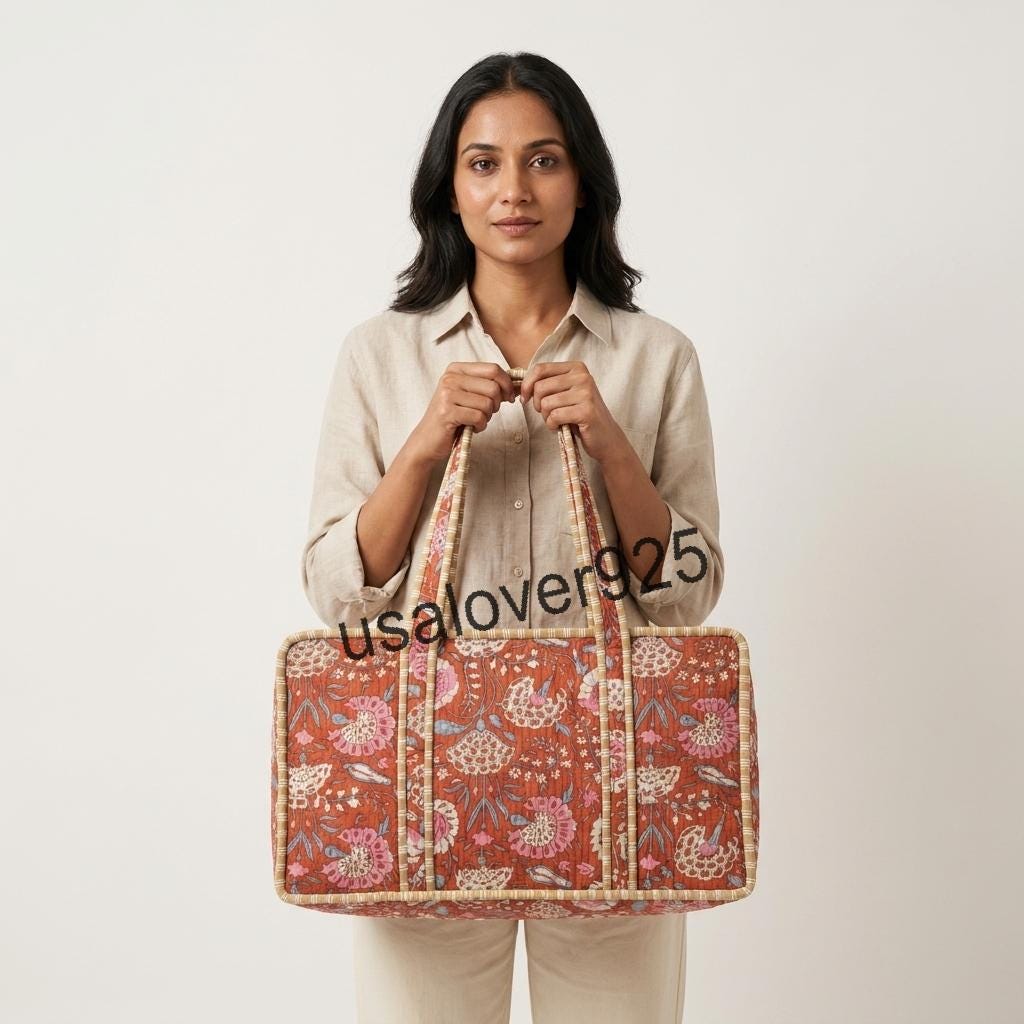 Handmade Quilted Cotton Mahjong Bag – Rust Red Floral Game Tile Storage Travel Tote