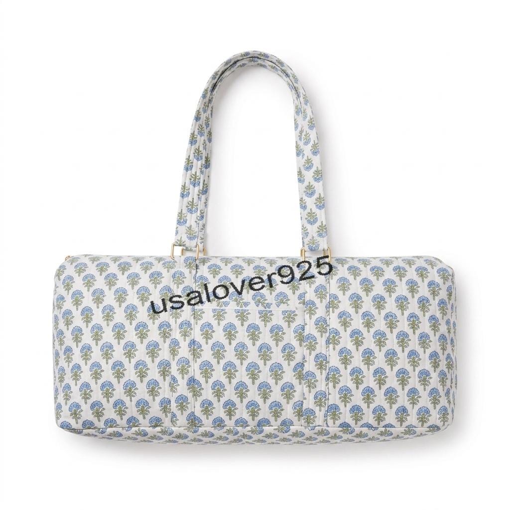 Quilted Cotton Duffle Bag – Blue Floral Print Yoga Mat Carrier Mahjong Game Travel Tote