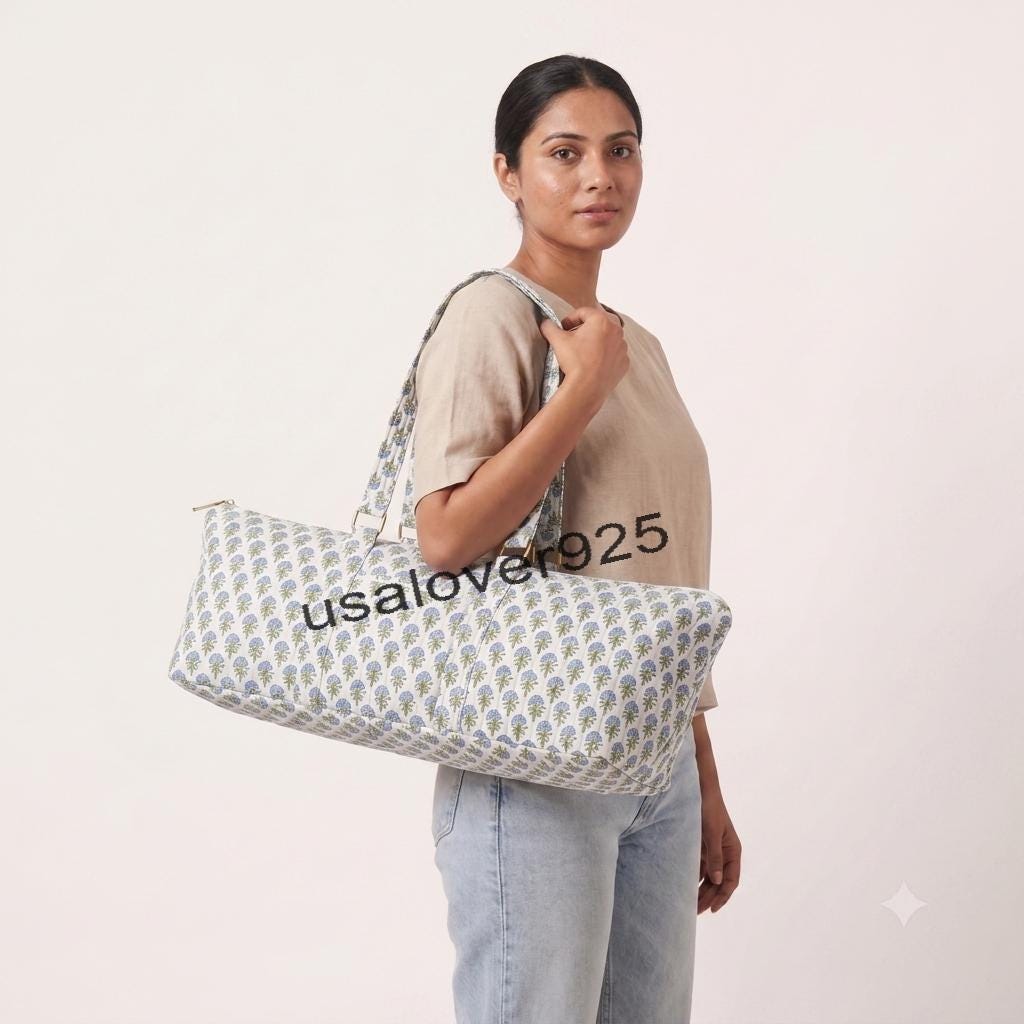 Quilted Cotton Duffle Bag – Blue Floral Print Yoga Mat Carrier Mahjong Game Travel Tote