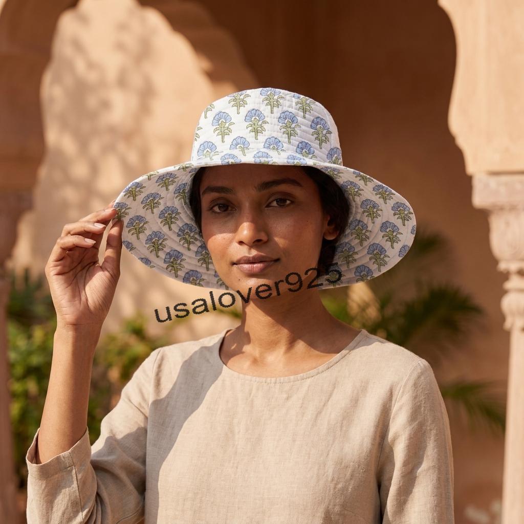 Quilted Cotton Wide Brim Sun Hat – White Blue Floral Block Print Beach Hat