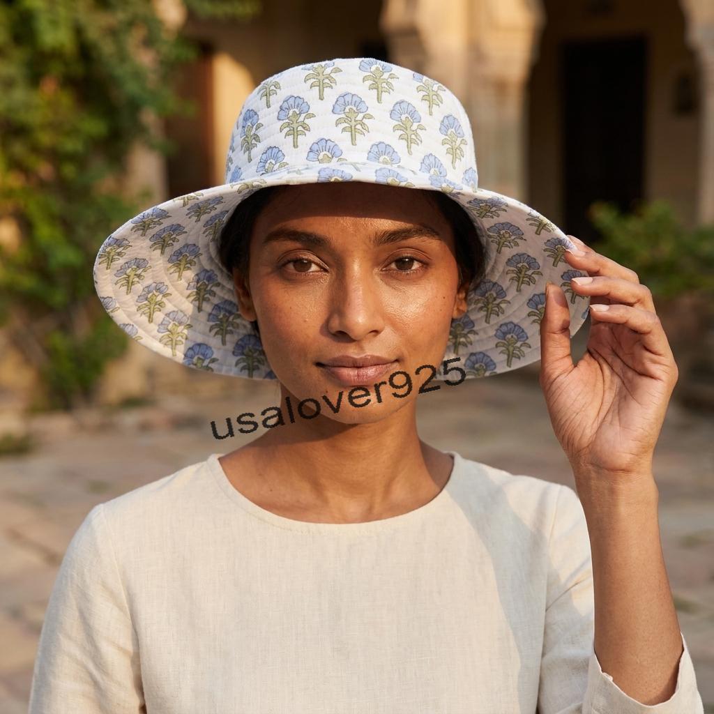 Quilted Cotton Wide Brim Sun Hat – White Blue Floral Block Print Beach Hat