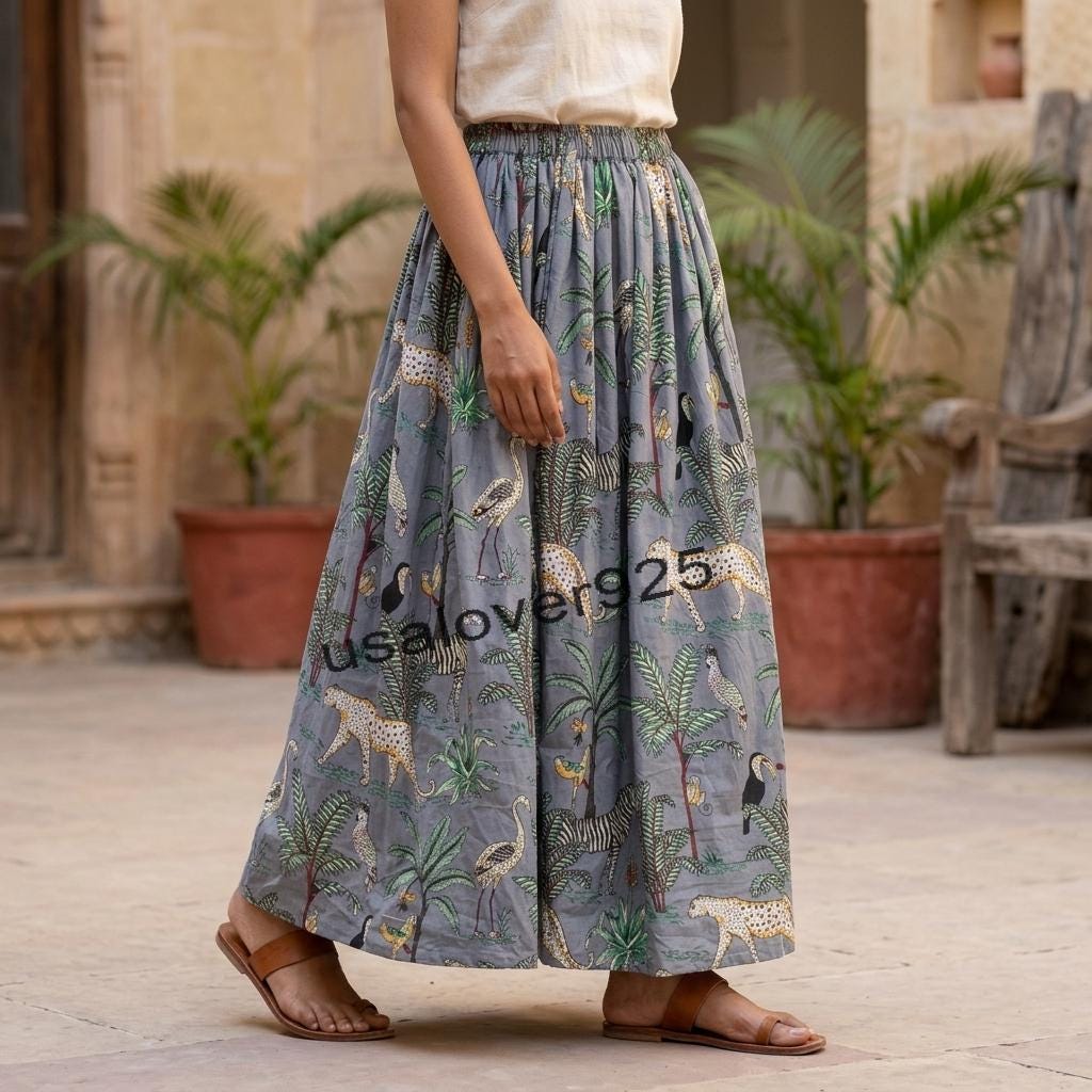 Handmade Block Print Cotton Maxi Skirt – Grey Safari Animal Tiered Boho Summer Style