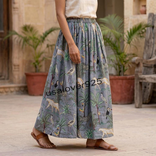 Handmade Block Print Cotton Maxi Skirt – Grey Safari Animal Tiered Boho Summer Style