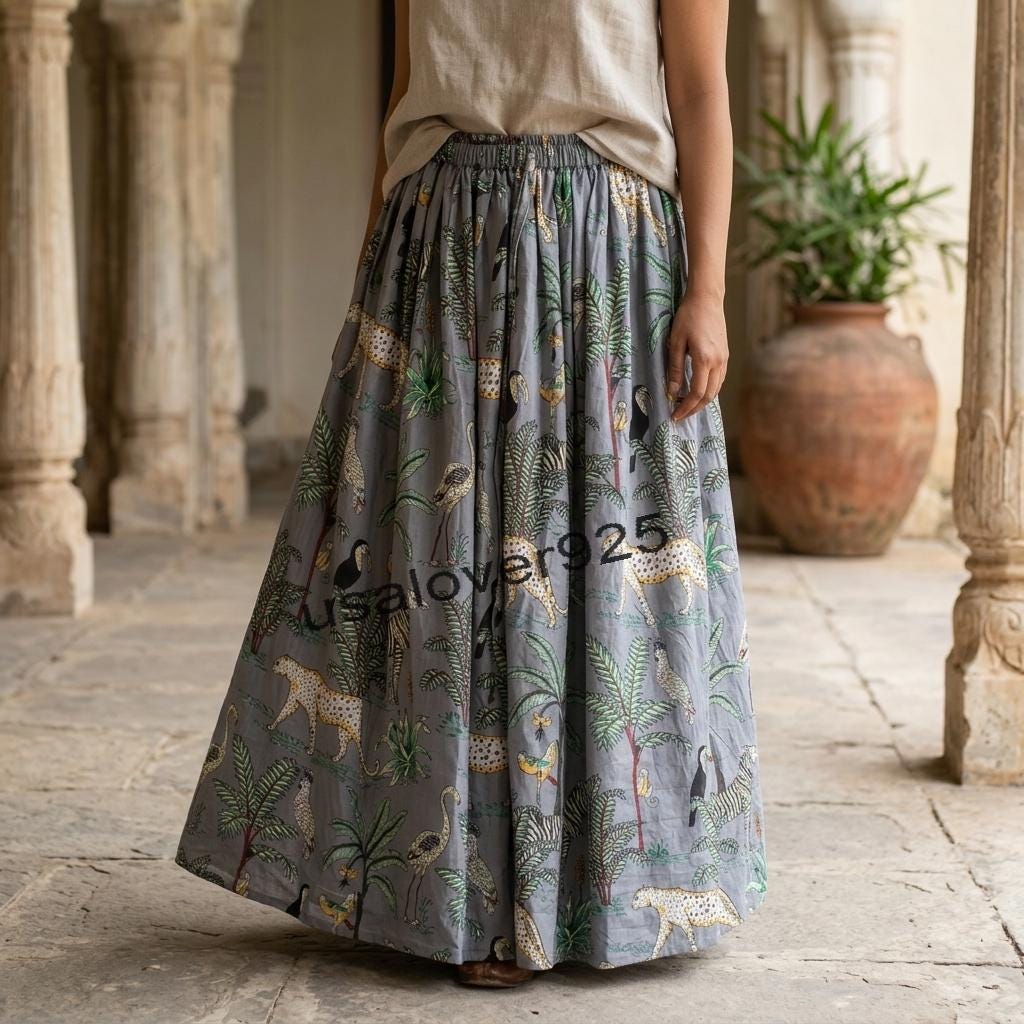 Handmade Block Print Cotton Maxi Skirt – Grey Safari Animal Tiered Boho Summer Style
