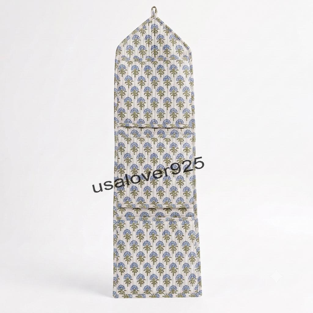 Handmade Cotton Hanging Wall Organizer – White Blue Floral 3 Tier Pocket Door Storage