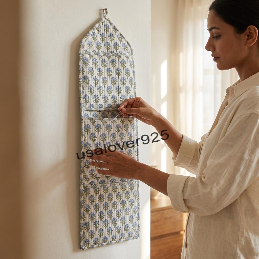 Handmade Cotton Hanging Wall Organizer – White Blue Floral 3 Tier Pocket Door Storage