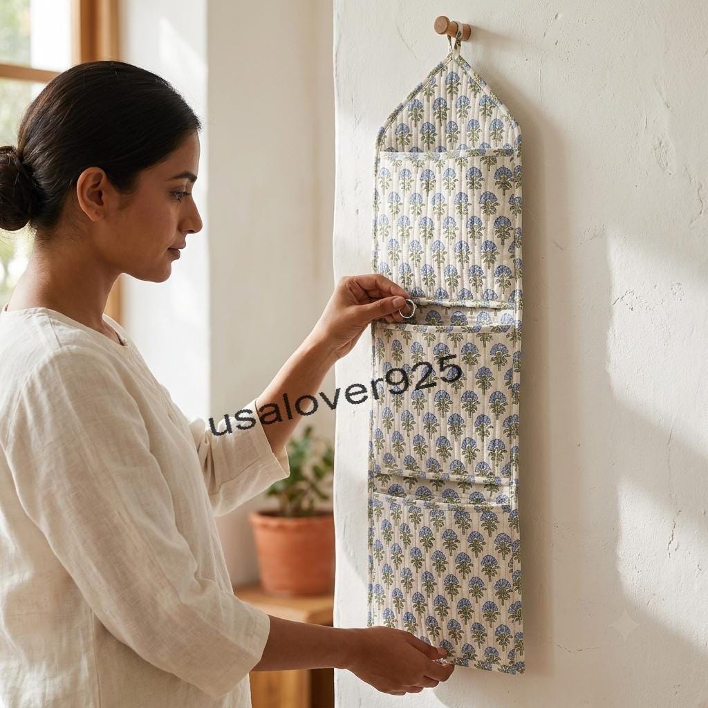 Handmade Cotton Hanging Wall Organizer – White Blue Floral 3 Tier Pocket Door Storage