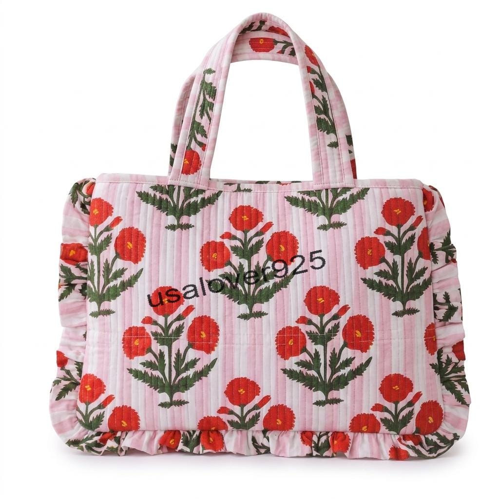 Handblock Printed Cotton Tote Bag – Pink White Stripe Red Floral Ruffle Shoulder Bag