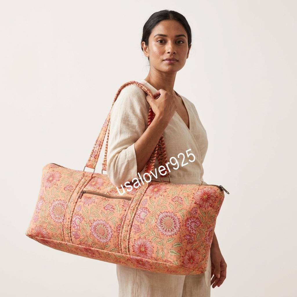 Quilted Cotton Duffle Bag, Peach Floral Block Print Weekender Tote