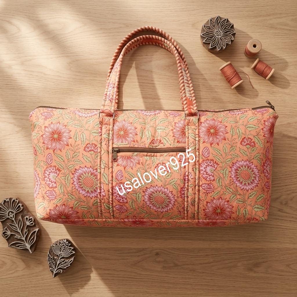 Quilted Cotton Duffle Bag, Peach Floral Block Print Weekender Tote