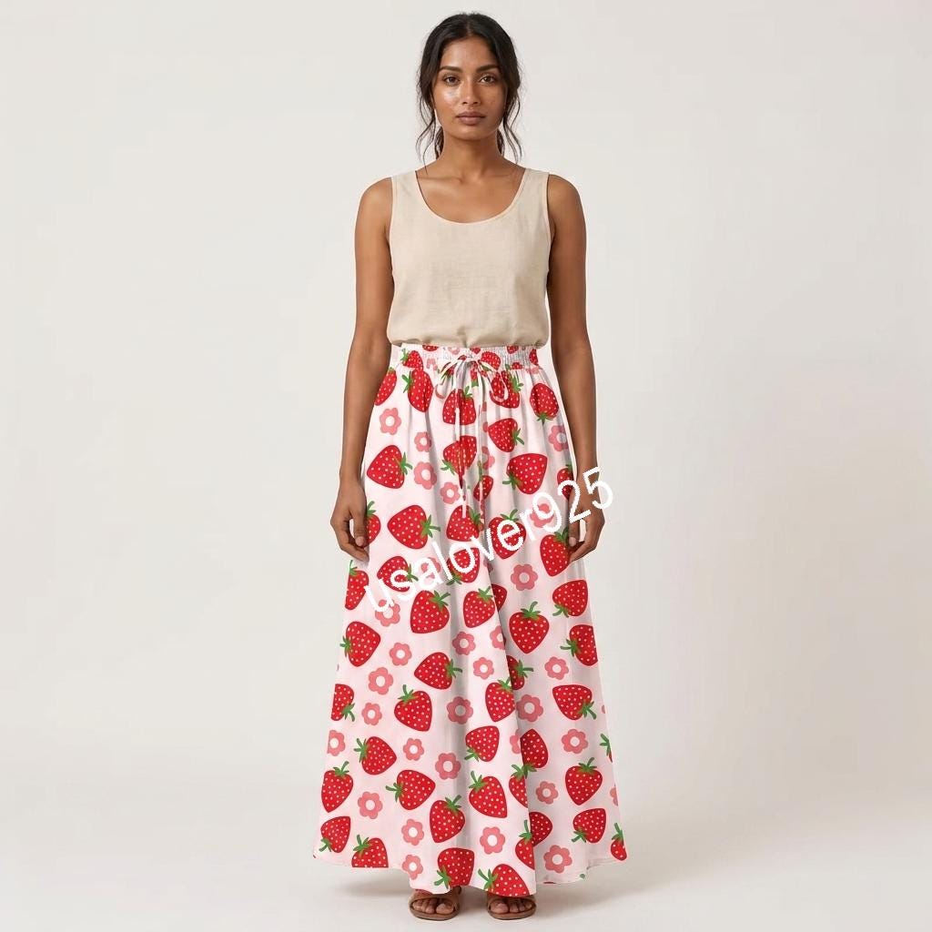 Handmade Cotton Maxi Skirt, Red Strawberry Print, Long Flared Summer Apparel, Elastic Waist Pockets