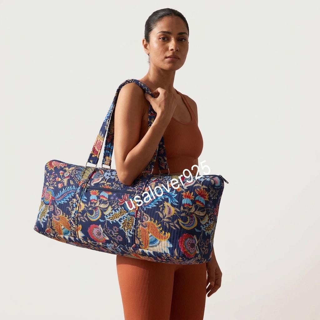 Quilted Cotton Duffle Bag, Navy Paisley Floral Travel Tote, Hand Block Print Weekender