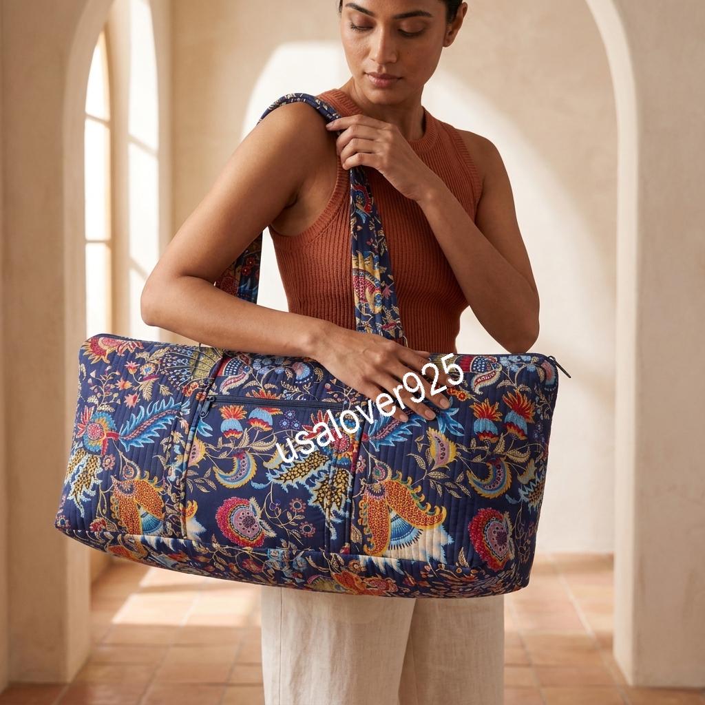 Quilted Cotton Duffle Bag, Navy Paisley Floral Travel Tote, Hand Block Print Weekender
