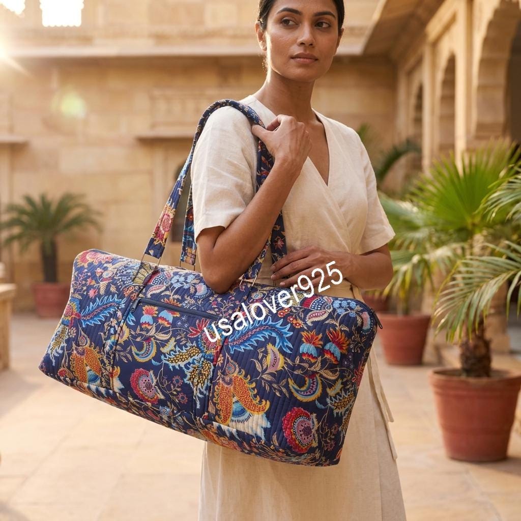 Quilted Cotton Duffle Bag, Navy Paisley Floral Travel Tote, Hand Block Print Weekender