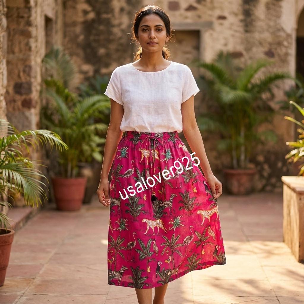 Hand Block Print Cotton Maxi Skirt: Pink Safari Leopard Boho Summer Flared Skirt