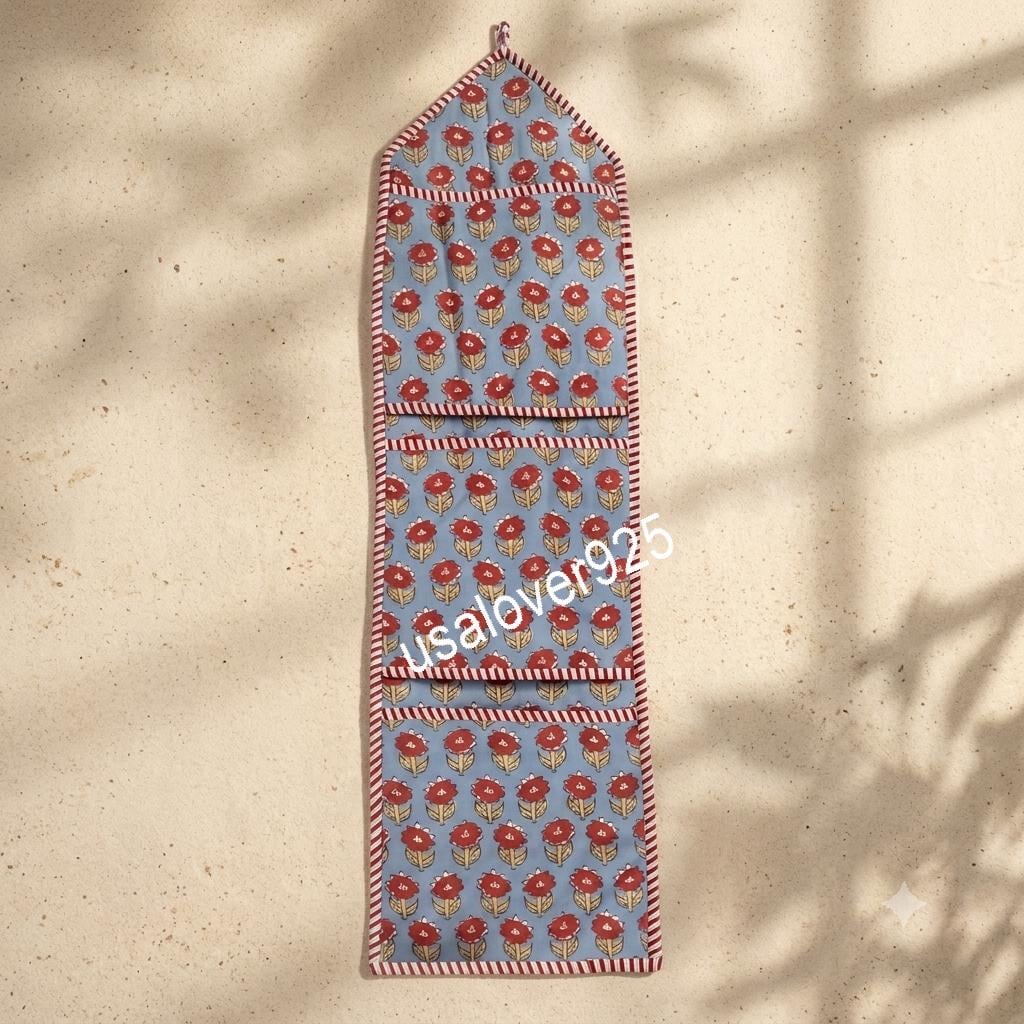 Handmade Quilted Cotton Wall Organizer: Blue Red Floral Print Pockets Storage Hanger