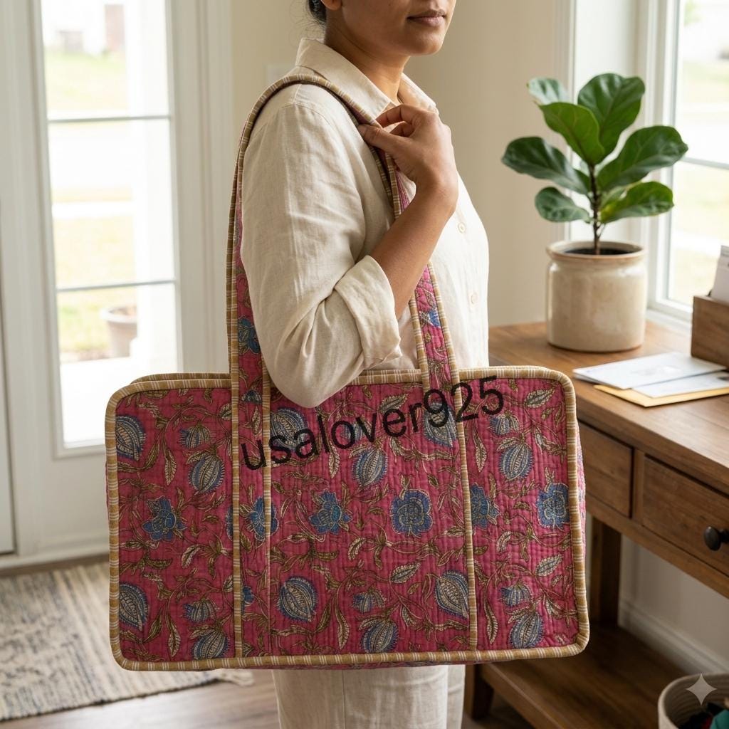 Handmade Quilted Cotton Mahjong Bag – Bright Pink Blue Floral Game Tile Storage Tote