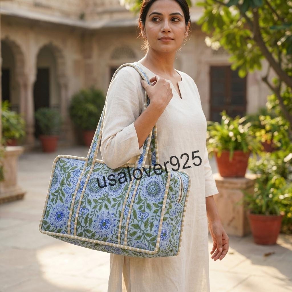 Handmade Quilted Cotton Mahjong Bag: Light Blue Floral Travel Tote