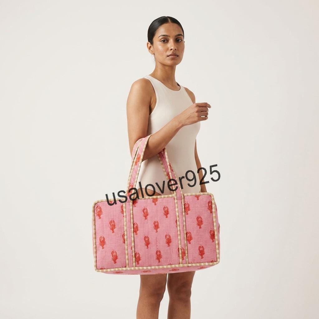 Handmade Quilted Cotton Mahjong Bag: Pink Lobster Print Game Travel Tote