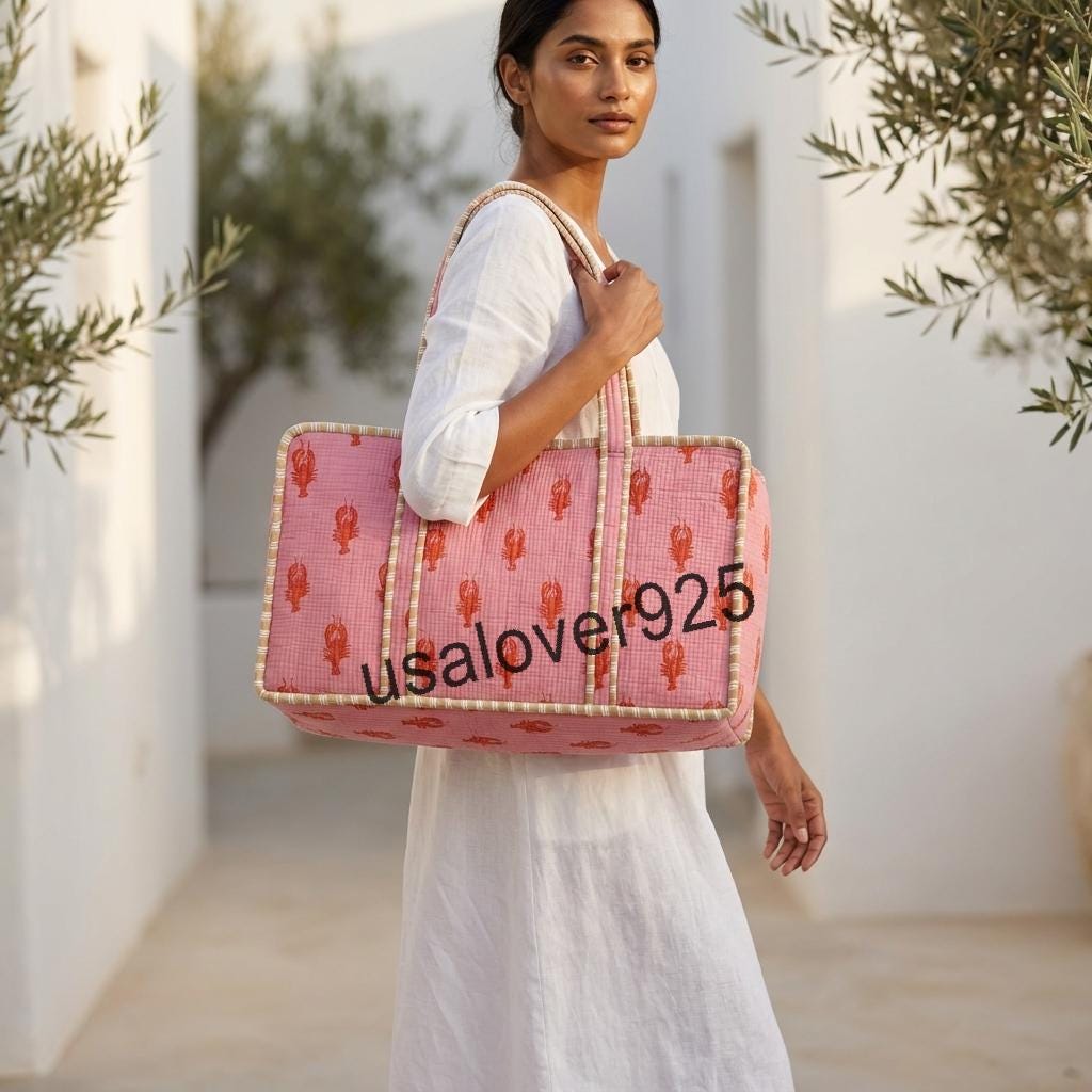 Handmade Quilted Cotton Mahjong Bag: Pink Lobster Print Game Travel Tote