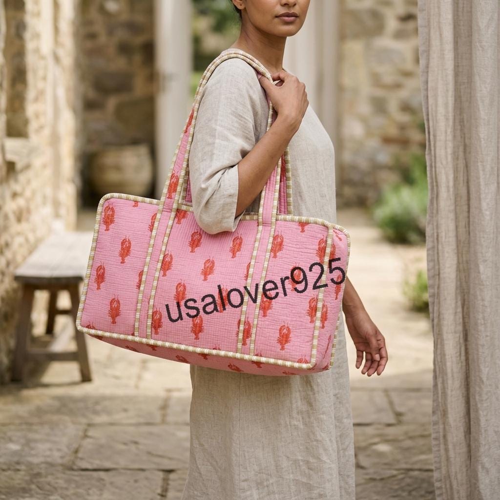 Handmade Quilted Cotton Mahjong Bag: Pink Lobster Print Game Travel Tote