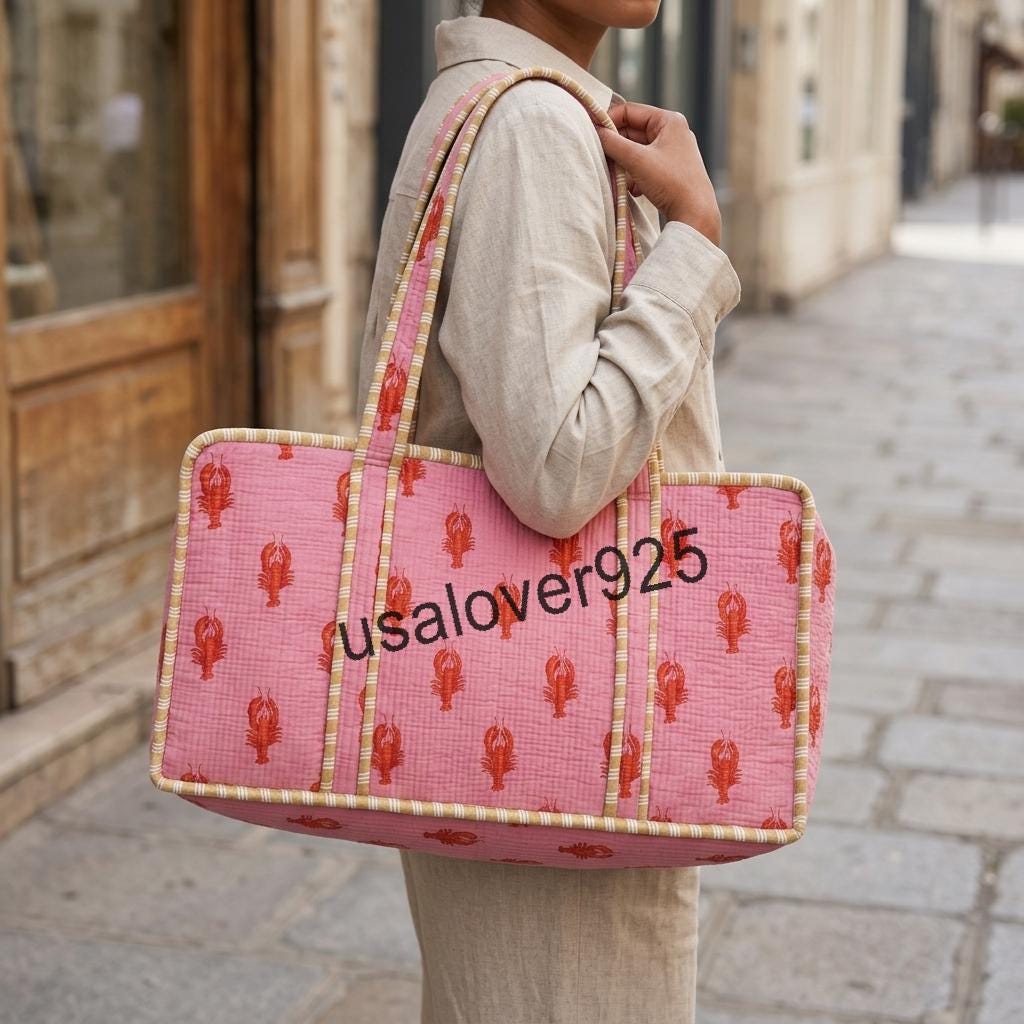 Handmade Quilted Cotton Mahjong Bag: Pink Lobster Print Game Travel Tote