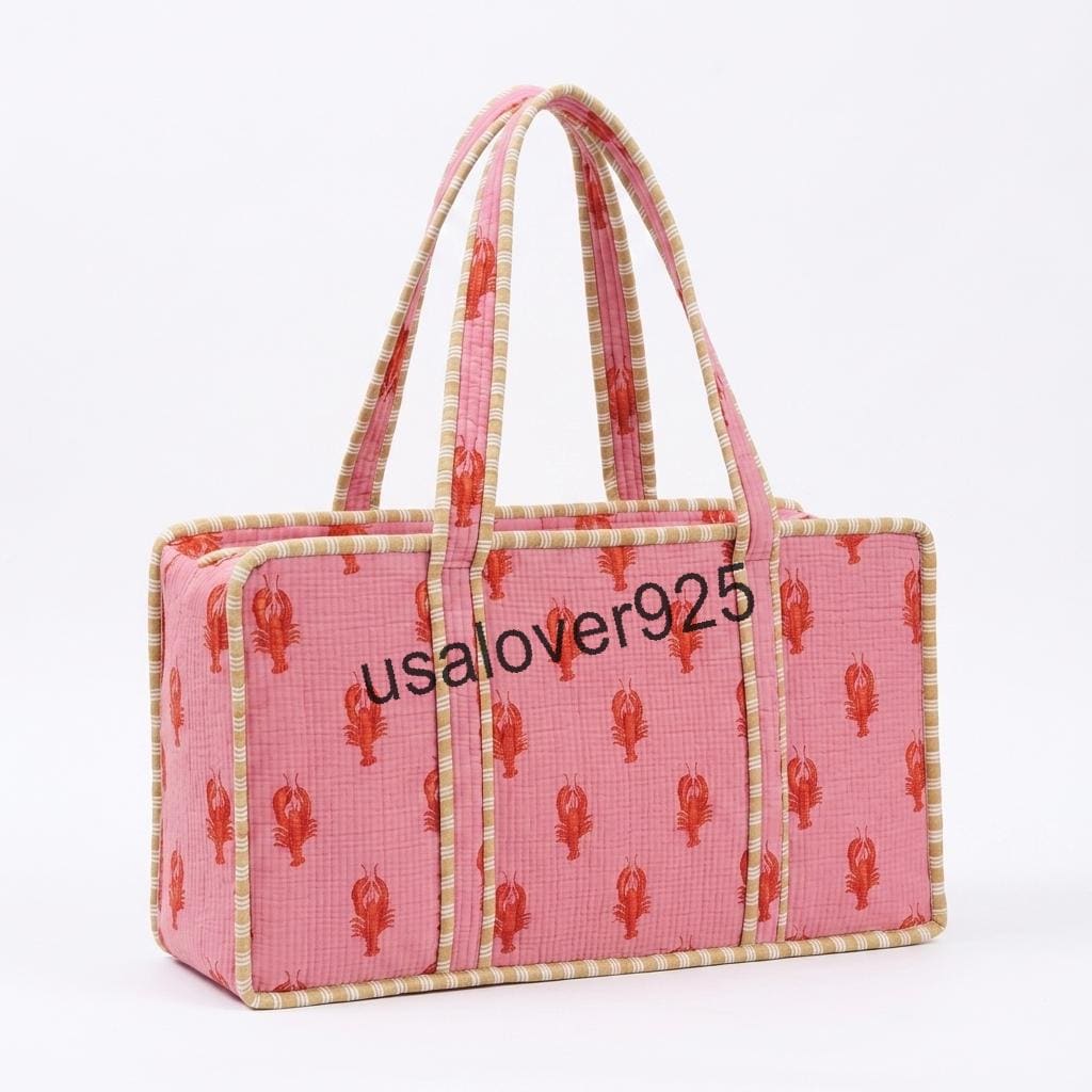 Handmade Quilted Cotton Mahjong Bag: Pink Lobster Print Game Travel Tote
