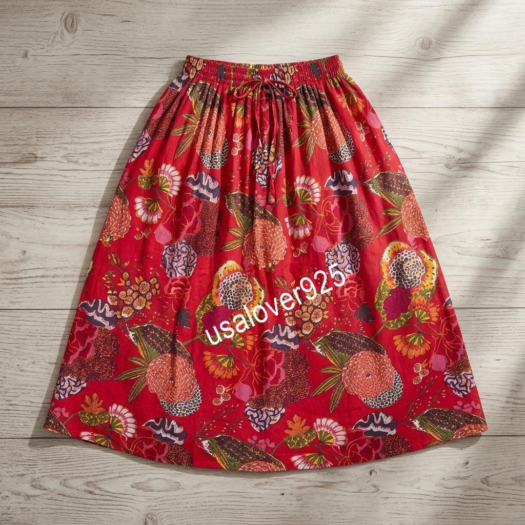Hand Block Print Cotton Maxi Skirt: Red Floral Boho Summer Flared Skirt