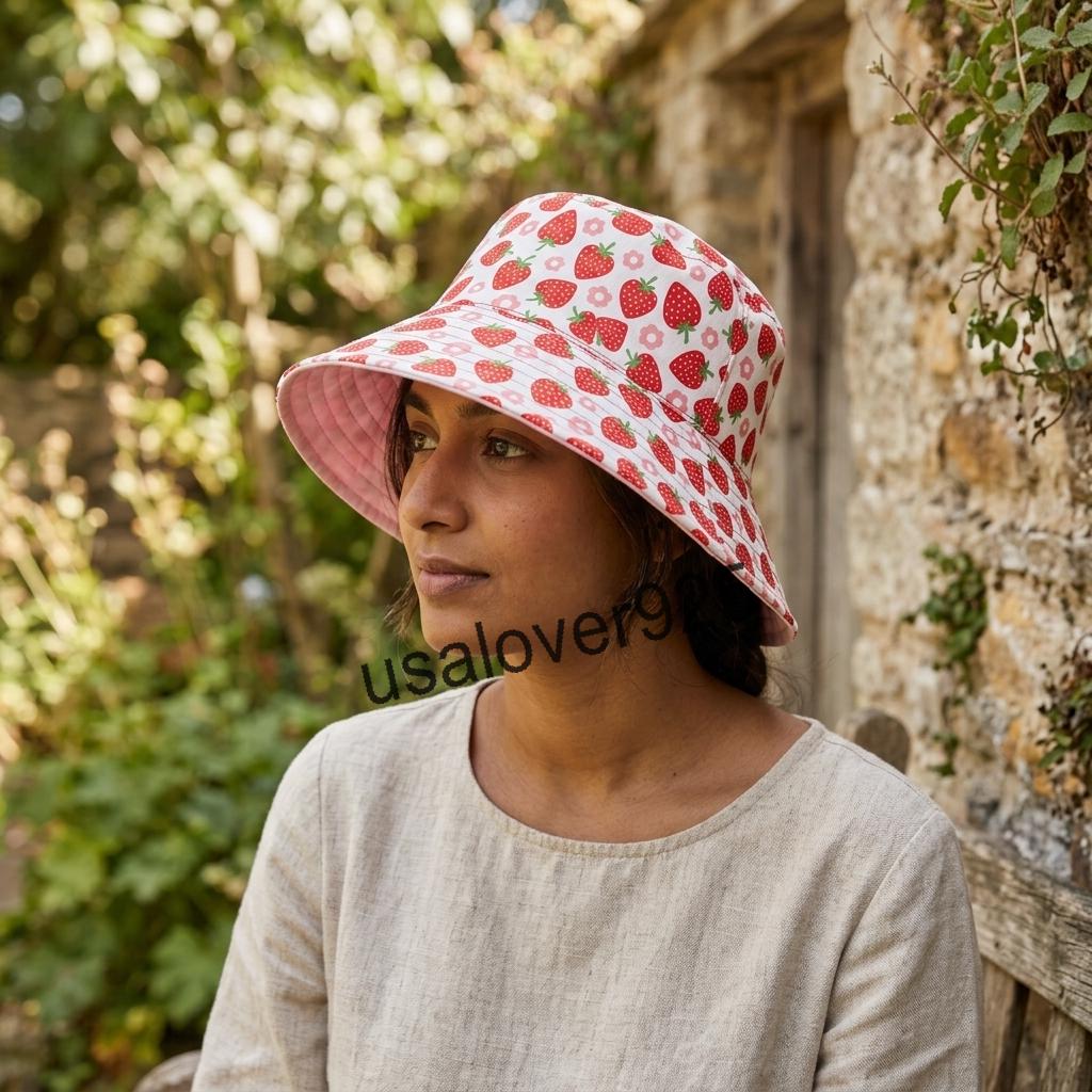 Handmade Quilted Cotton Sun Hat, Red Strawberry Print, Wide Brim Bucket Cap, Packable Summer