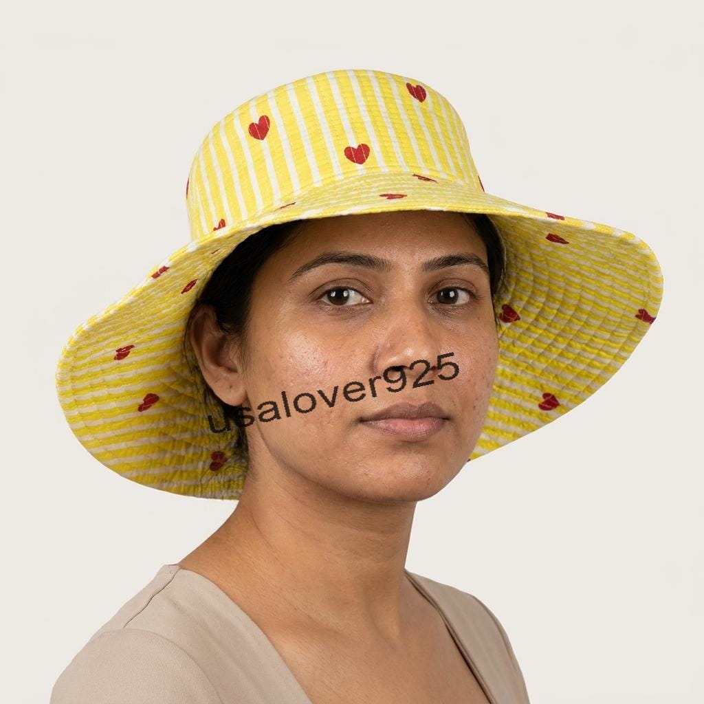 Handmade Cotton Sun Hat – Yellow Stripe Red Heart Block Print Wide Brim Beach Hat