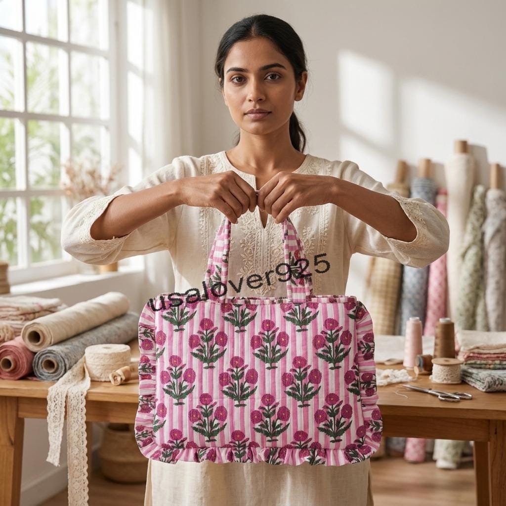 Handmade Ruffled Cotton Tote Bag – Pink Stripe Magenta Floral Quilted Shoulder Bag