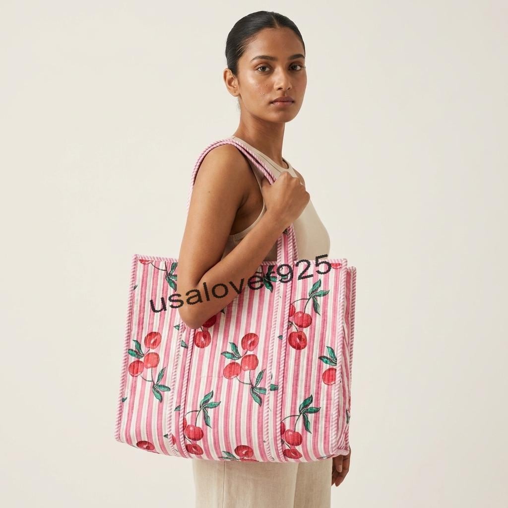 Handmade Quilted Cotton Tote Bag – Pink Stripe Red Cherry Print Large Shoulder Bag