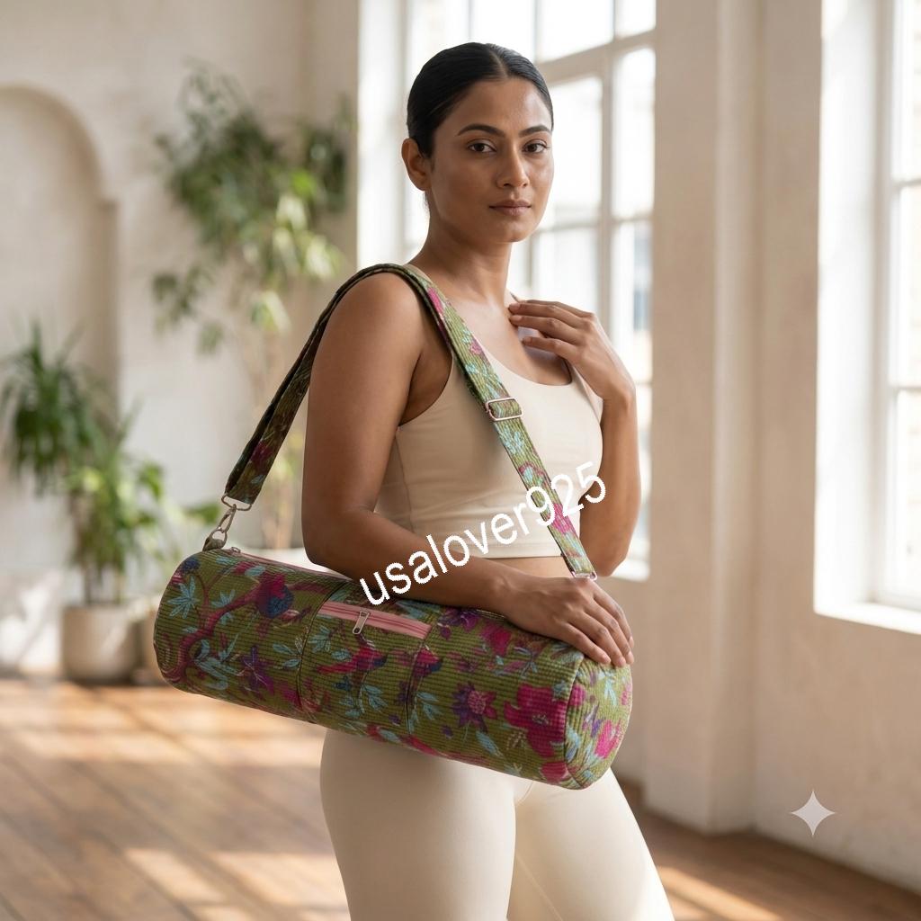 Handmade Quilted Cotton Yoga Mat Bag, Olive Green Pink Floral Crossbody Carrier, Zipper Holder