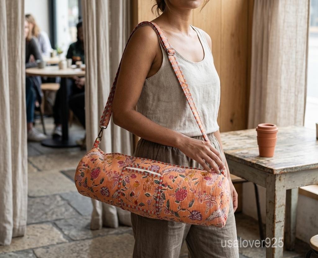 Handmade Quilted Cotton Yoga Mat Bag, Peach Orange Floral Crossbody Carrier, Zipper Holder
