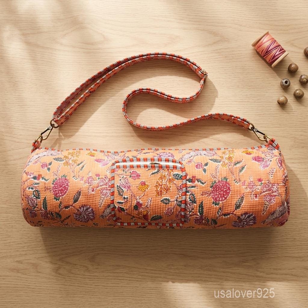 Handmade Quilted Cotton Yoga Mat Bag, Peach Orange Floral Crossbody Carrier, Zipper Holder