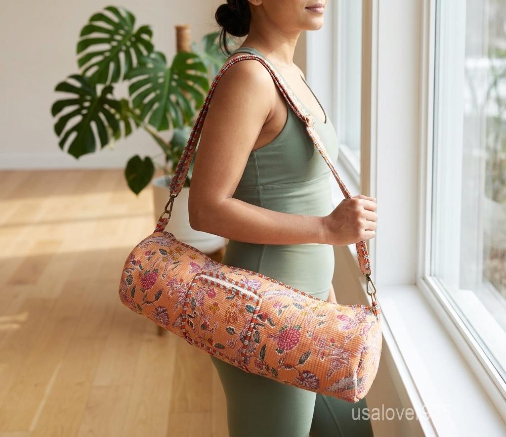 Handmade Quilted Cotton Yoga Mat Bag, Peach Orange Floral Crossbody Carrier, Zipper Holder