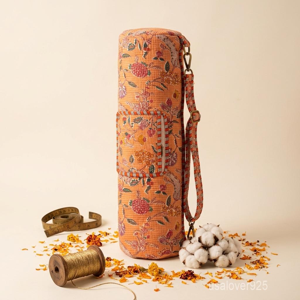 Handmade Quilted Cotton Yoga Mat Bag, Peach Orange Floral Crossbody Carrier, Zipper Holder
